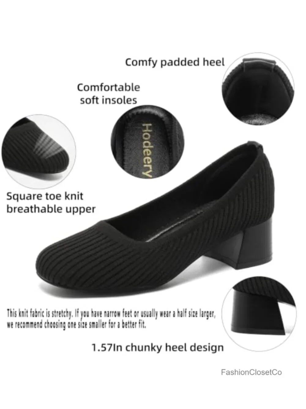 Womens Square Toe Knit Pumps Low Heel Dress Shoes Slip On Comfort Work Heels